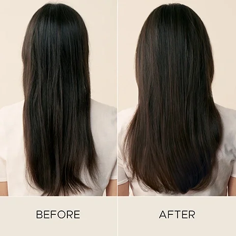 Image 6-christopherobin-en_CA - A split image shows a persons long, dark hair from the back, with the left side labeled BEFORE depicting dull, slightly frizzy hair and the right side labeled AFTER showing smooth, shiny hair.